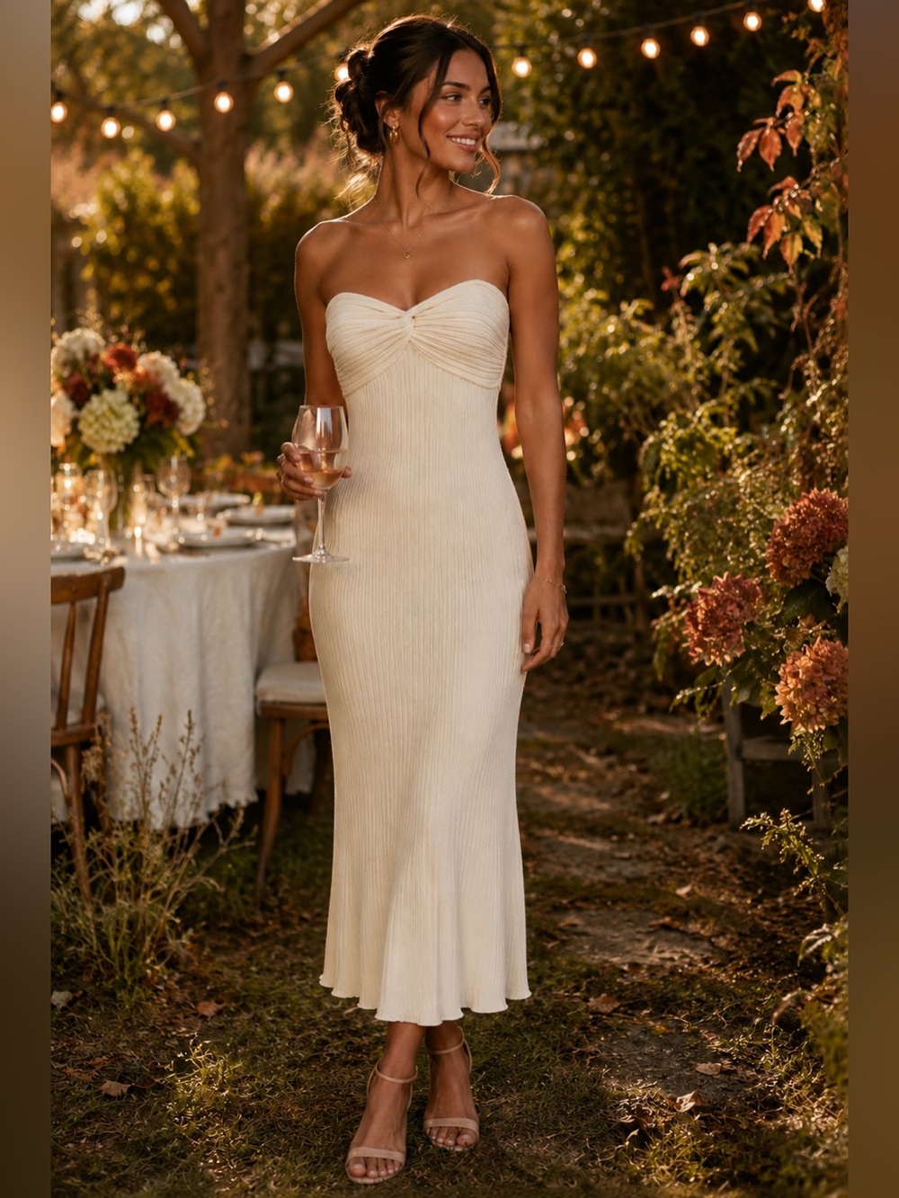 FORE Cream Ribbed Knit Maxi Dress M Strapless Twist Front Bodycon Y2K Neutra